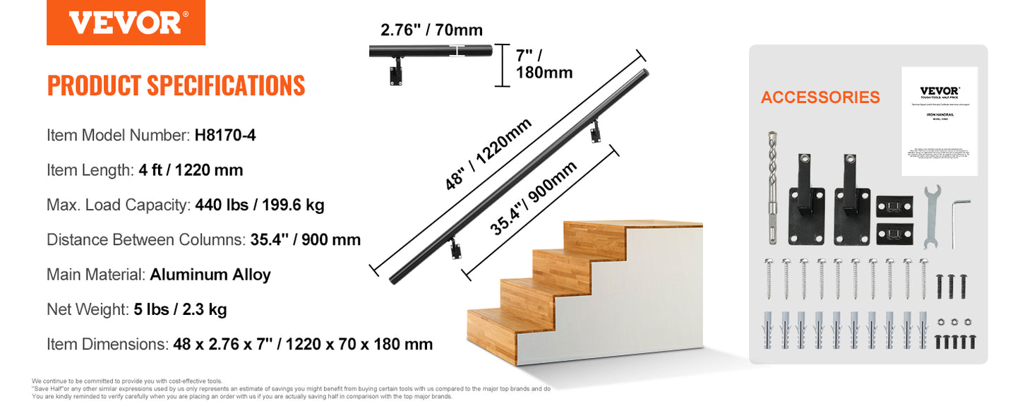 VEVOR 4/5/7/12 ft Handrail Stair Railing 440 LBS Wall Mount Stairway Hand Rail with Installation Kit for Indoor Outdoor Stairs