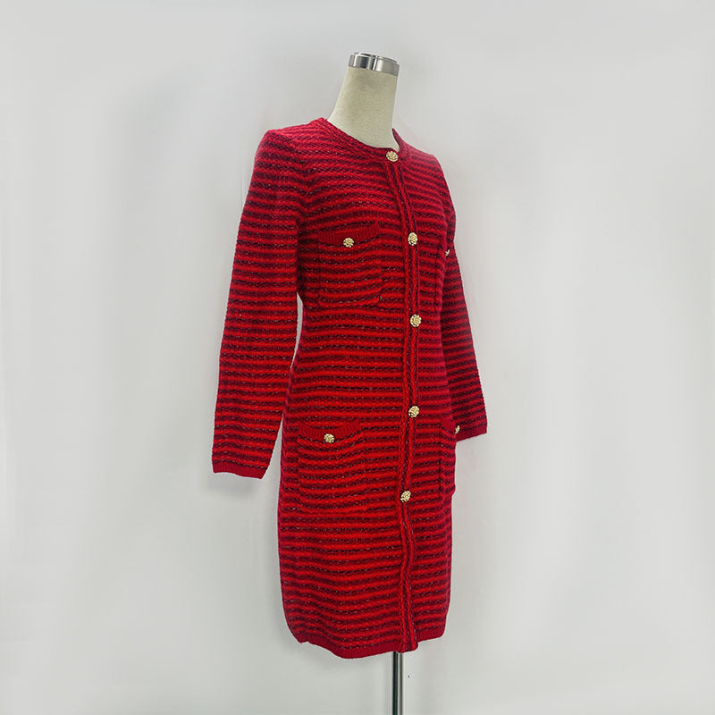 Houndstooth Red Women's Waist-cinching Long Dress