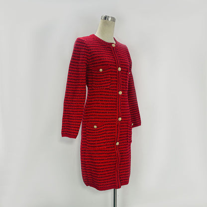 Houndstooth Red Women's Waist-cinching Long Dress