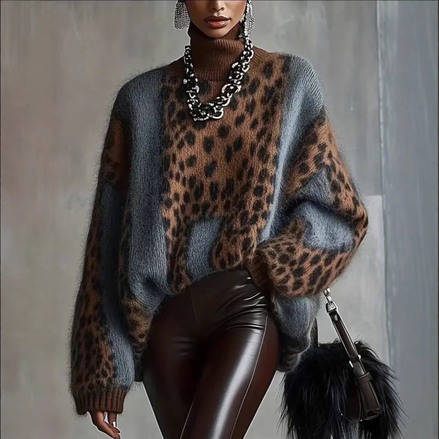 Leopard Print Loose Fit Vintage Patchwork Knit Sweater