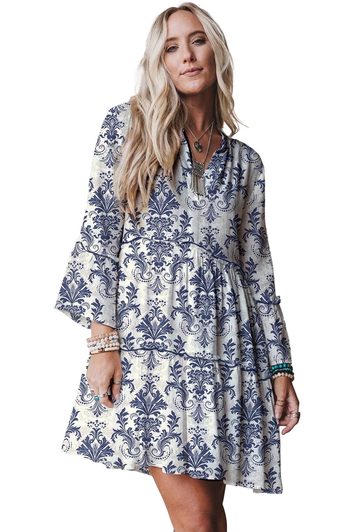Women's V-neck Printed Ruffle Pleated Elegant Dress