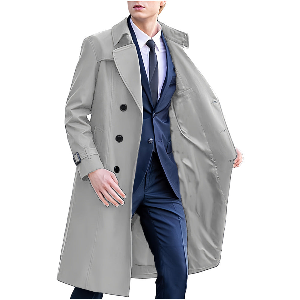 Premium Men's Long Trench Coat - Classic Solid Color Overcoat