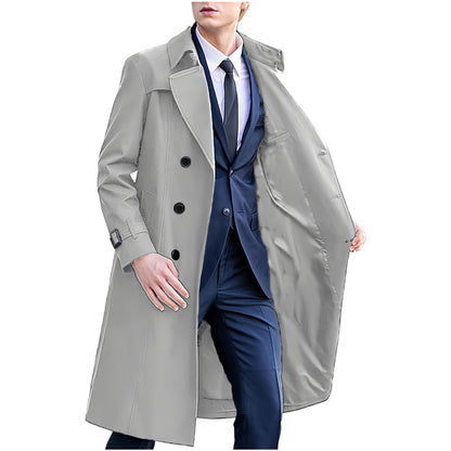 Premium Men's Long Trench Coat - Classic Solid Color Overcoat