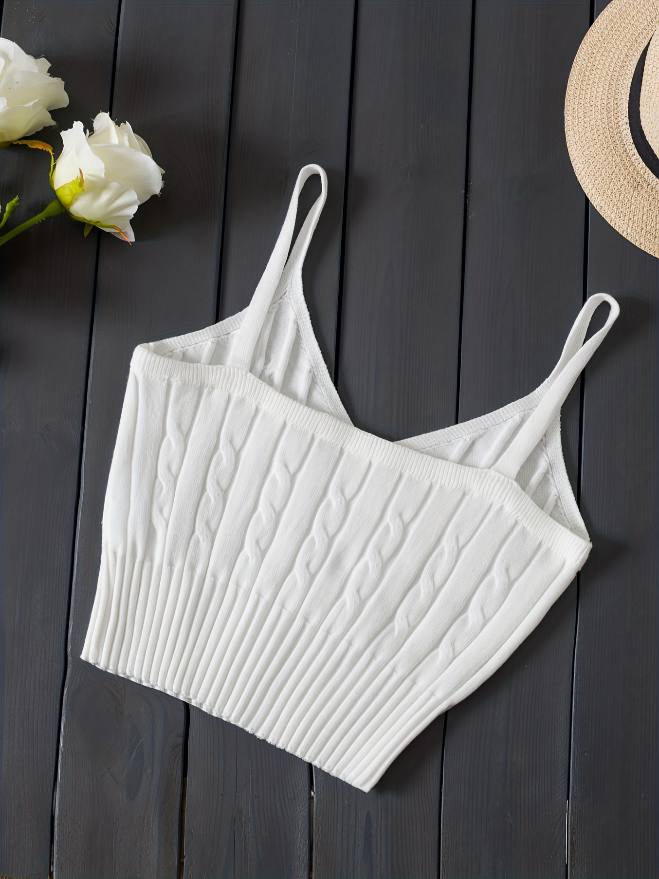 Valentine's Day Knitted Cami Crop Top, Versatile Sleeveless Casual Top For Spring & Summer, Women's Clothing