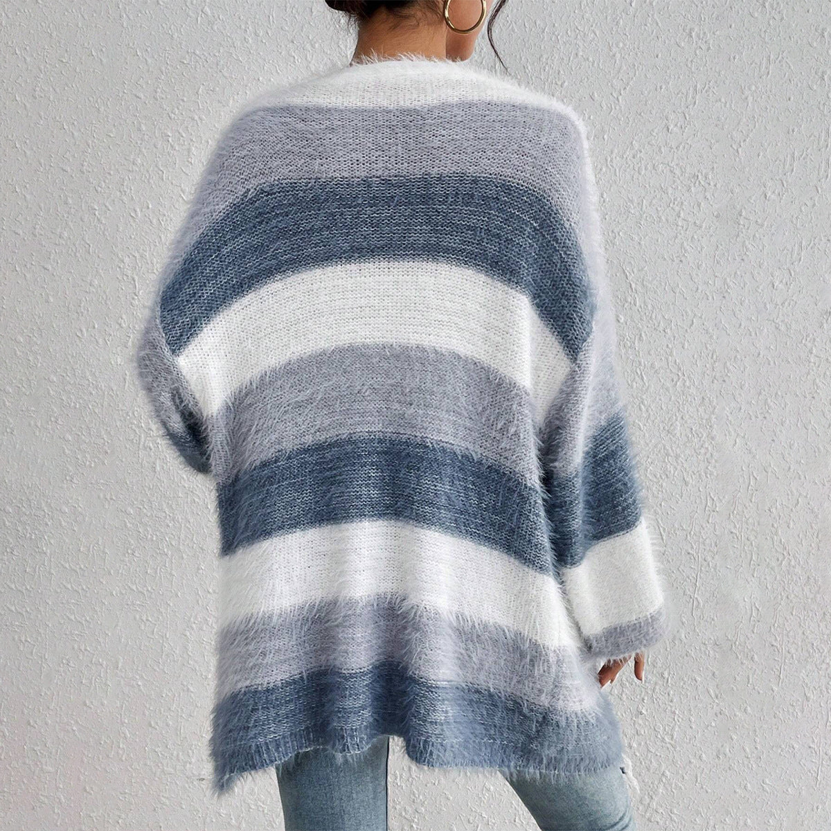 Women's Striped Colorblock Knitted Plush Coat