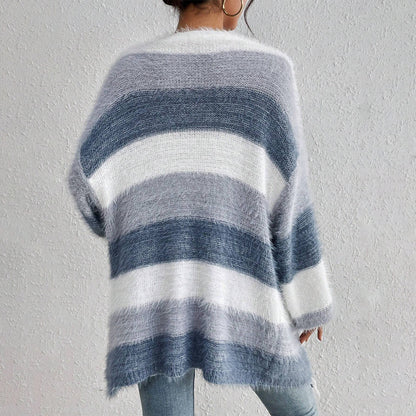 Women's Striped Colorblock Knitted Plush Coat