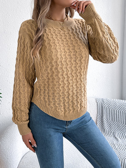 Women Casual Solid Color Cable Knit Lantern Sleeve Irregular Pullover Sweater