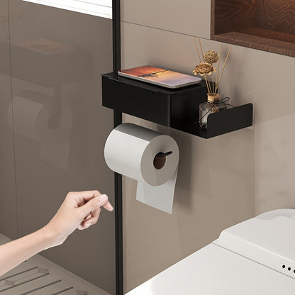 1pc Wrought Iron Bathroom Tissue Holder with Shelf - Self-Adhesive Wall Mounted Toilet Paper Roll Dispenser, Non-Drilling Installation, Multi-Functional Storage for Wet Wipes and Phone, Home Decor