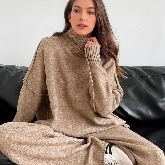 Casual Laid-back Style Solid Color Loose High Collar Knitted Sweater Suit