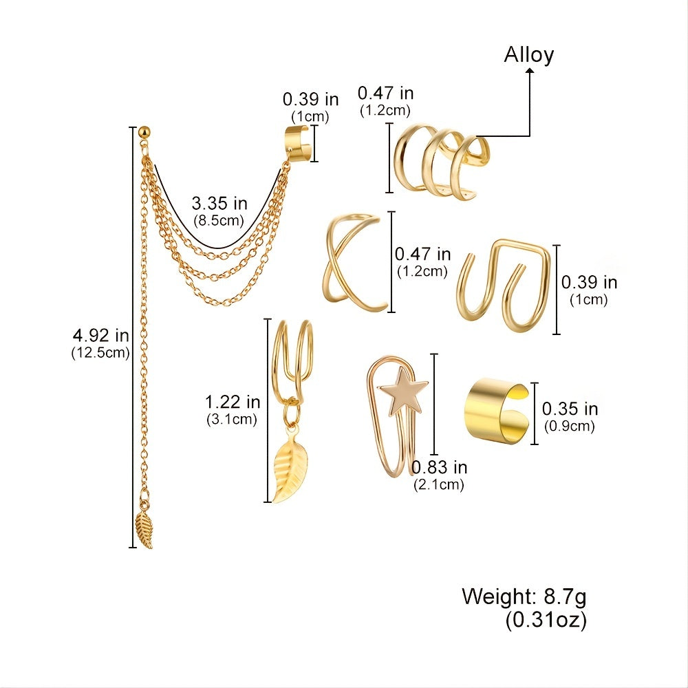 Set Of 7 Trendy Golden Leaf Tassel Earrings With C-shaped Geometric Star Ear Clips