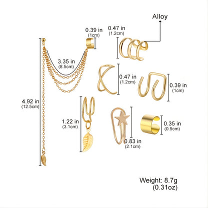 Set Of 7 Trendy Golden Leaf Tassel Earrings With C-shaped Geometric Star Ear Clips