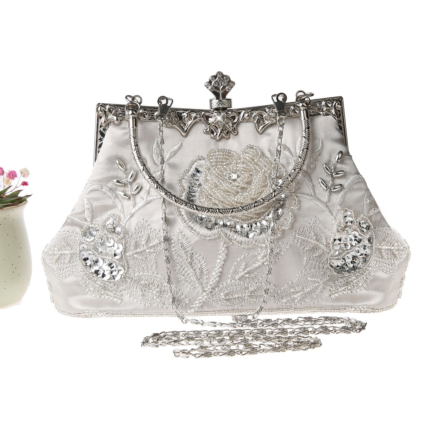 Handmade Beaded Clutch Bag - Elegant Embroidered Rose Silk Evening Purse with Removable Strap