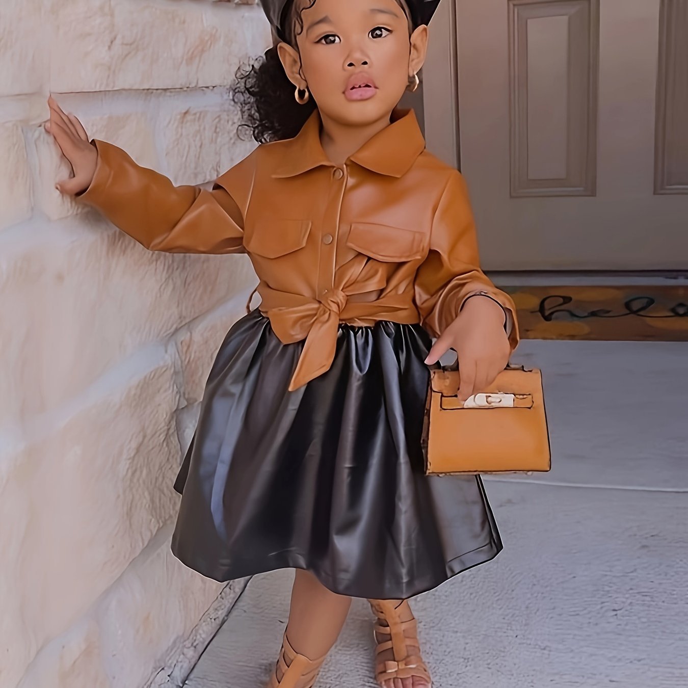 Vibrant Color Block PU Leather Dress for Girls - Stylish Button Lapel Design, Adjustable Belt, and Comfortable Fit for Kids' Everyday Wear