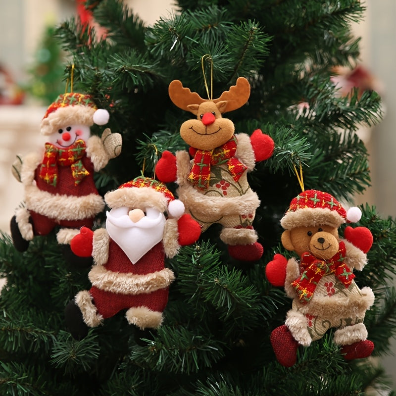 Festive Christmas Tree Ornaments - Santa, Snowman, Reindeer & Bear Figures With Red & White Scarves, Golden Balls & Red Bows - Perfect For Holiday Decor, Christmas Decorations