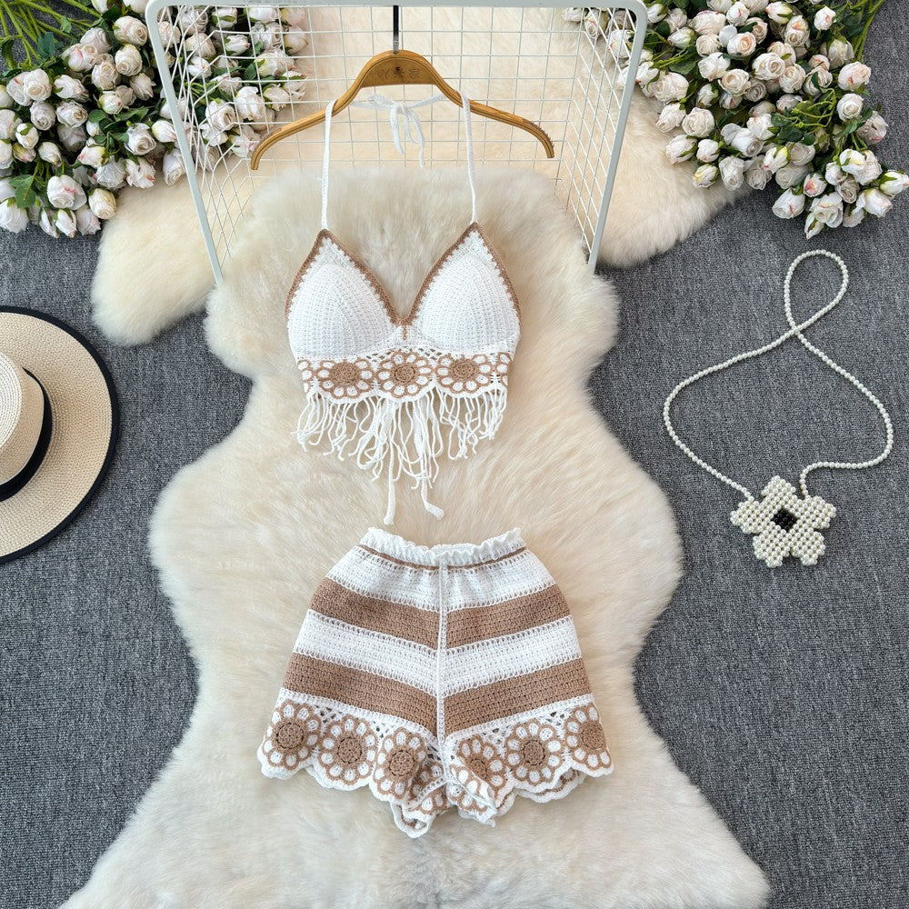 V-neck Fringe Vest High-waisted Hollowed-out Wide-leg Shorts Women's Suit