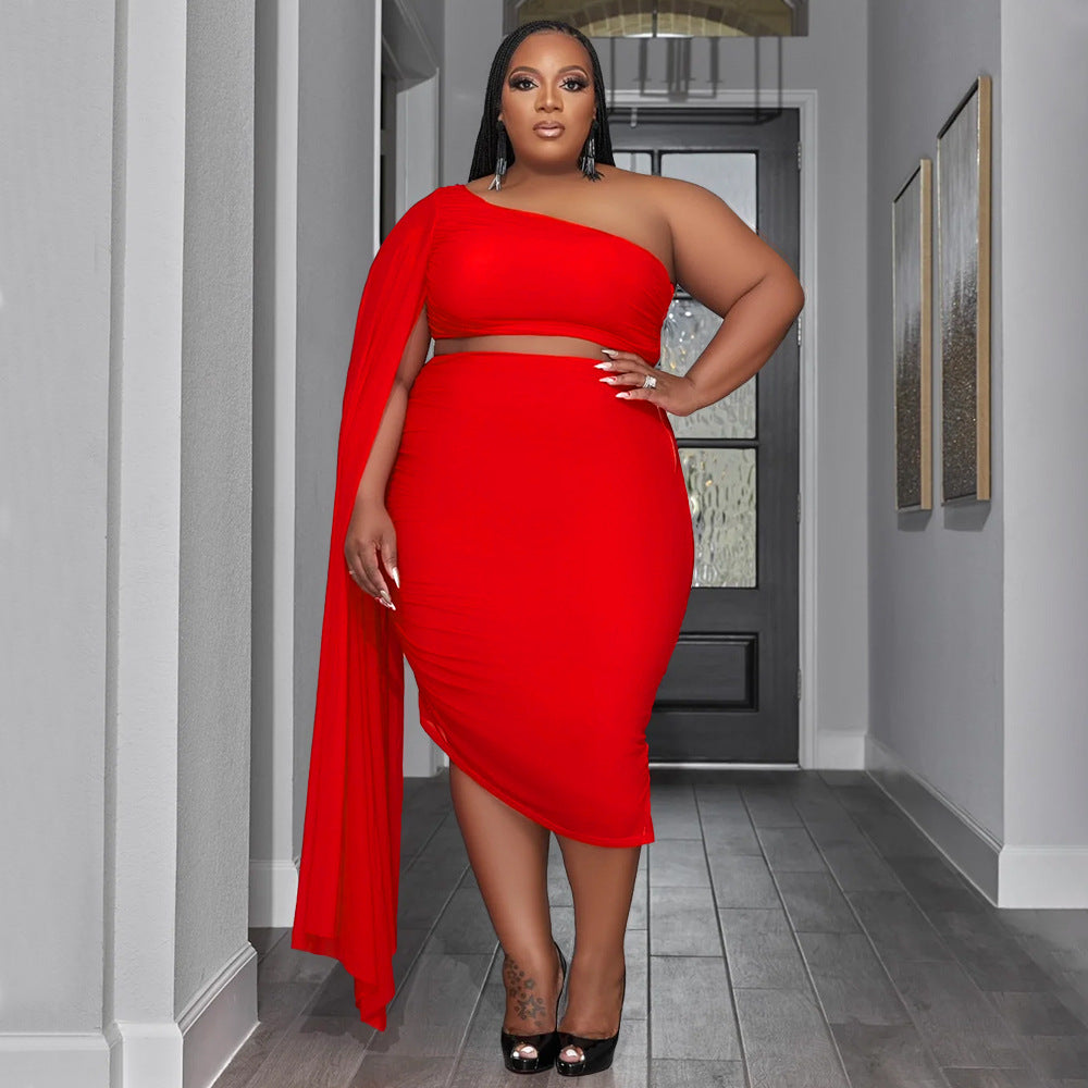 New Fashion Women's High-elastic Off-shoulder Long-train Sleeve Pleated Two-piece Set