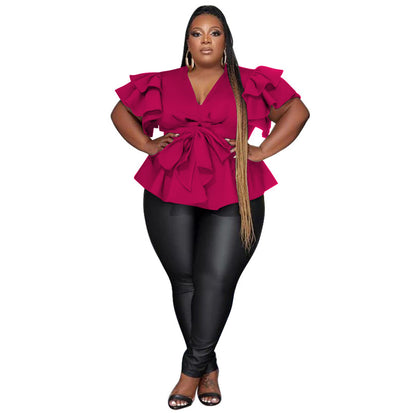 Women's Casual All-Match V-Neck Ruffle-Sleeve Pleated Blouse Top