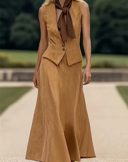 Women's Sleeveless Suit Collar Button-down Casual Skirt Suit