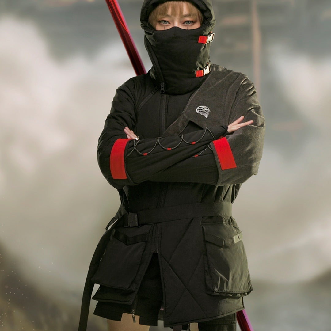 Mid-length Black Hooded Cotton Coat