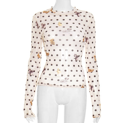 Versatile Animal And PolkaDot Printed Cropped LongSleeve Top With A Defined Waist