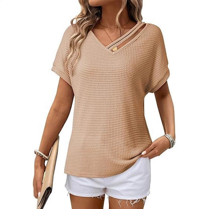 Waffle-knit Short-sleeve V-neck Women's Fashion Casual