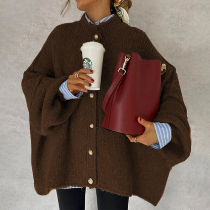 Autumn Winter Solid-Color Casual Knitted Cardigan With Buttons And Oversized Sleeves