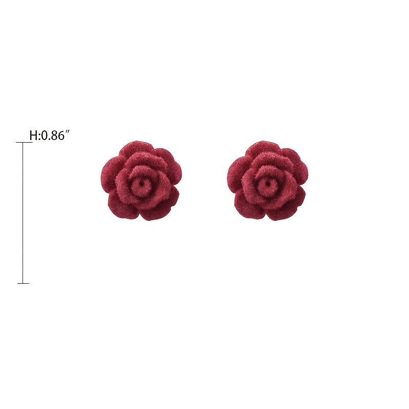 Red Rose Flower Velvet Stud Earrings High-end Retro Ear Decoration Jewelry For Women