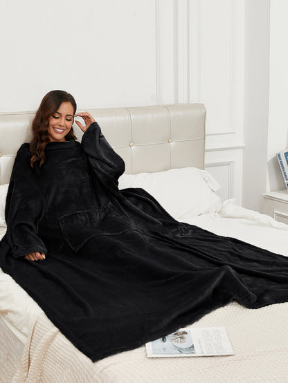 RONGTAI Fleece Wearable Blanket With Sleeve And Pocket For Adults, Cozy Warm Full Body Wrap Throws Blanket Robe, Navy, Oversized
