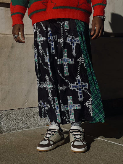 Black Cross Print Plaid Patchwork Wide-Leg Pants