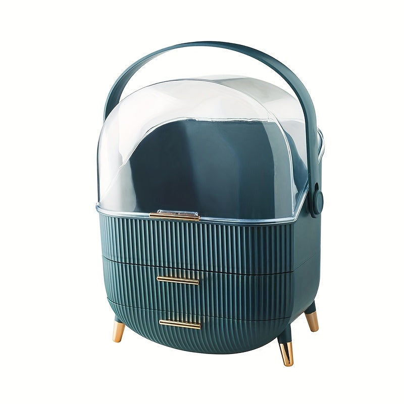 1pc Plastic Cosmetic Storage Box, Lightweight, Tension Mount, Multi-functional with Cover & Drawer, Waterproof & Dust-proof, for Bathroom & Desktop Makeup Organizer