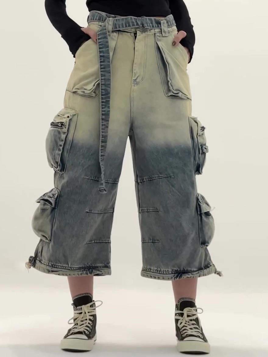 High - Waisted Ombre Cargo Jeans With Multiple Pockets