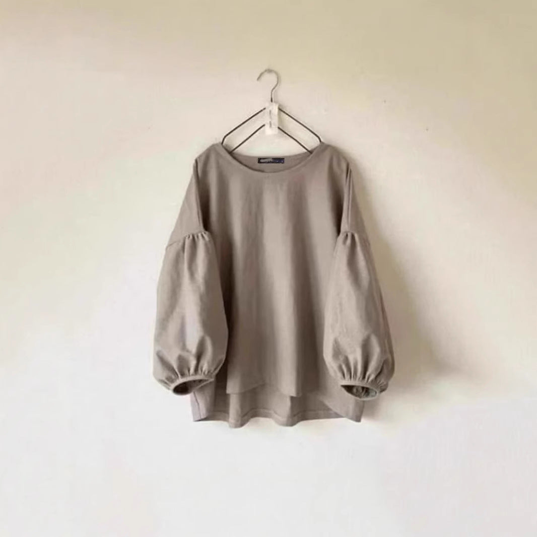 Women's Loose-fit Vintage Crew-neck Shirt With Puff Sleeves