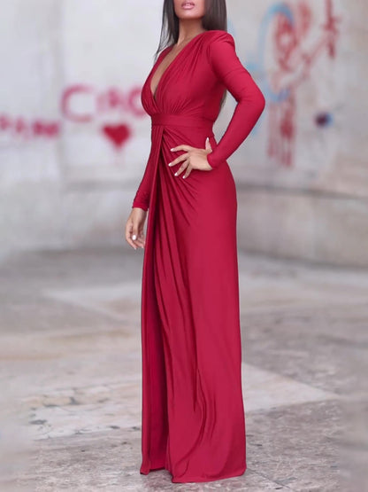 V-neck Long-sleeved Solid Color Maxi Dress