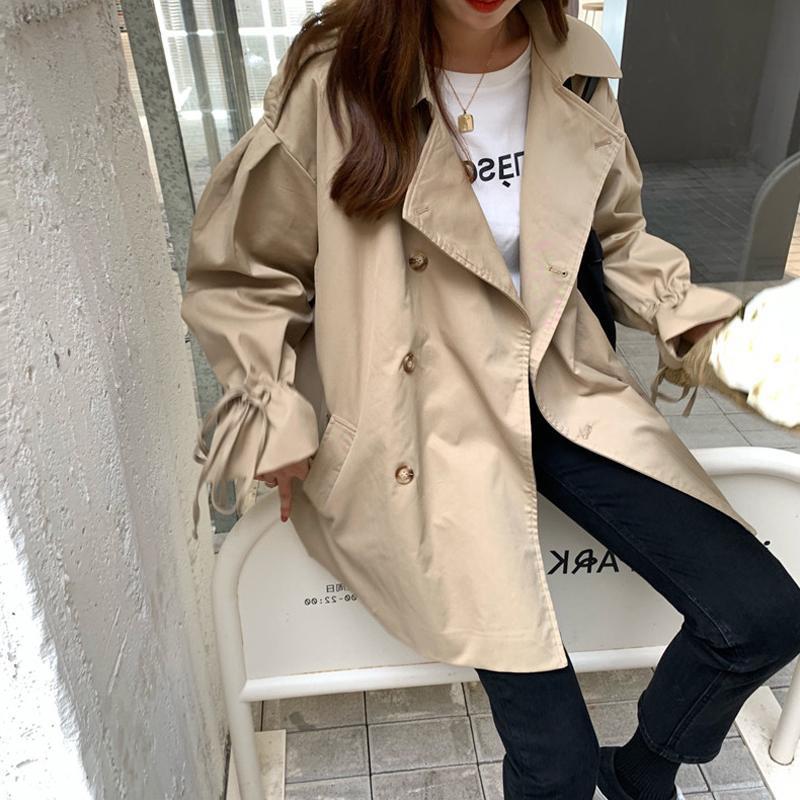 New Lantern Sleeve Loose Black Windbreaker Women's Wild Mid-length Coat