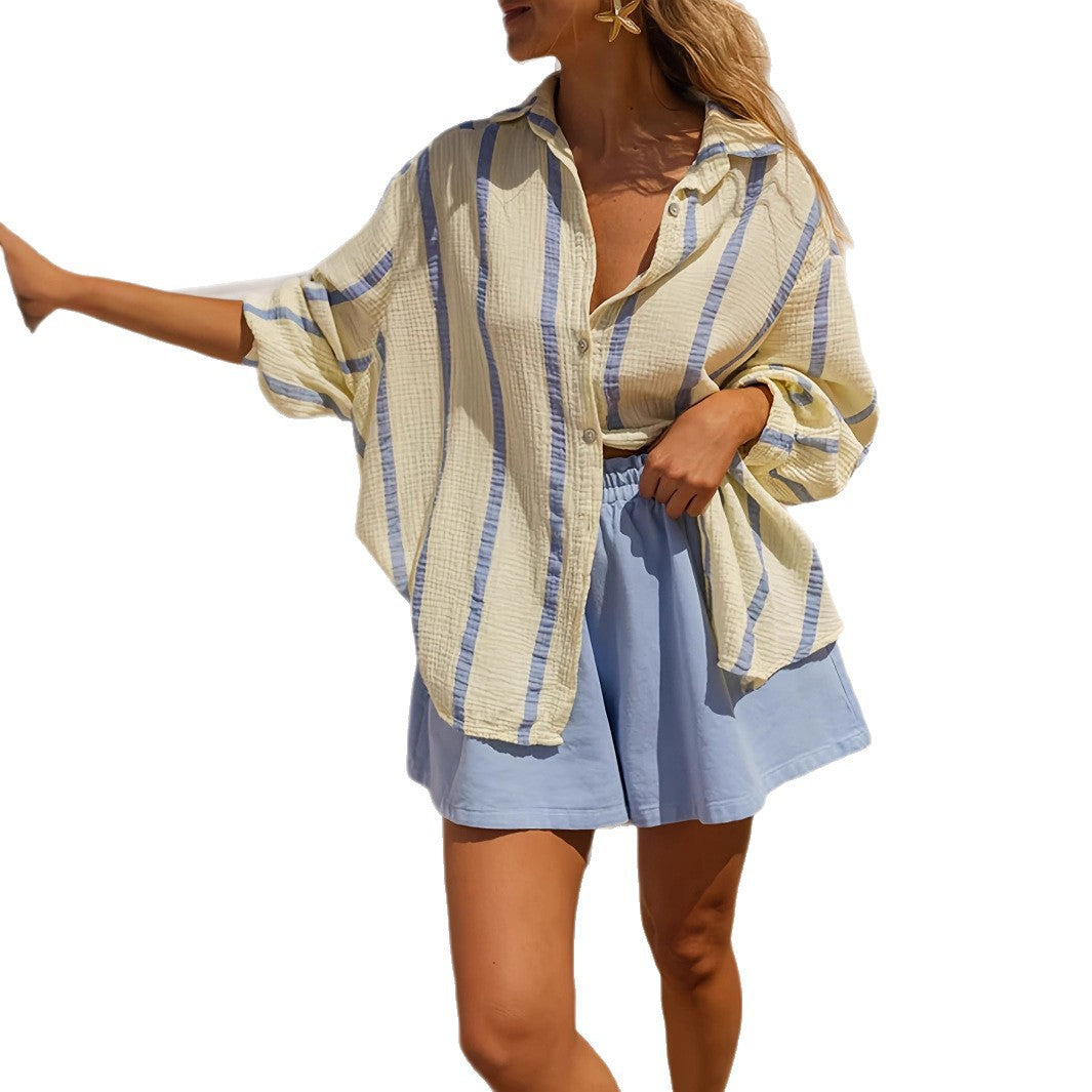 Women's Casual Loose-fitting Blue Vertical-striped Shirt