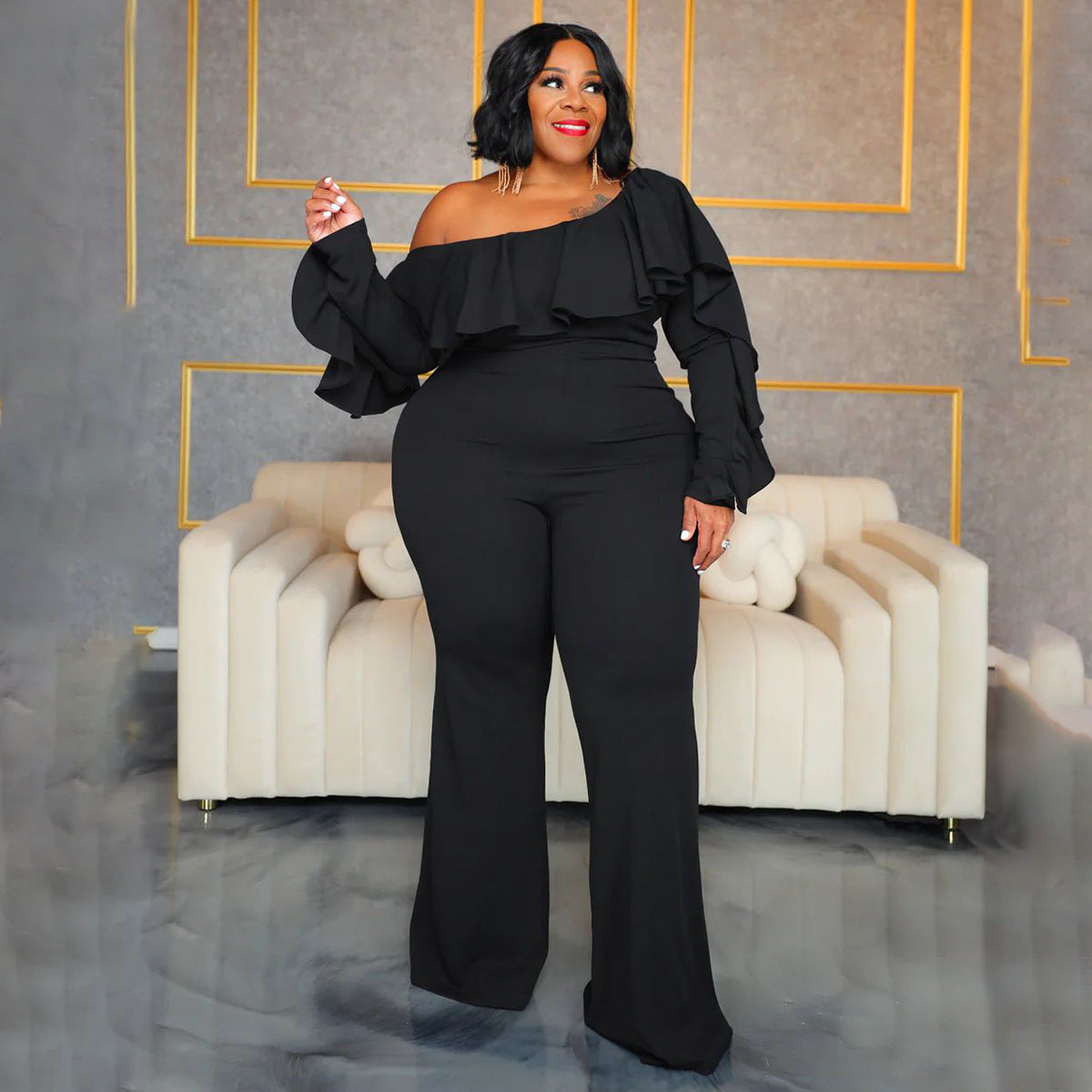Solid-color Fashionable Loose-fit Off-shoulder Tube Jumpsuit For Women