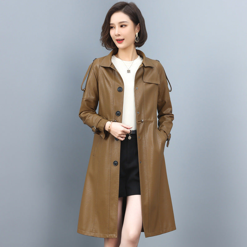 New Women Leather Trench Spring Turn-down Collar Solid Color Drawstring Loose Long Sheepskin Coat
