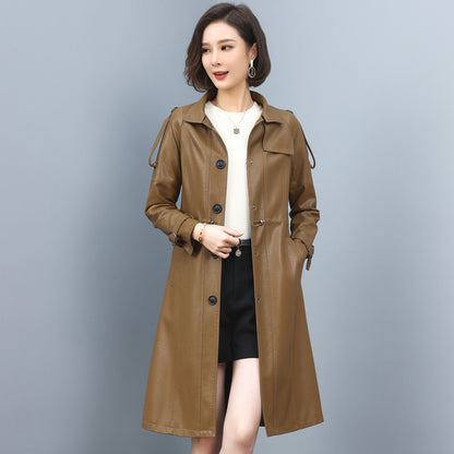 New Women Leather Trench Spring Turn-down Collar Solid Color Drawstring Loose Long Sheepskin Coat
