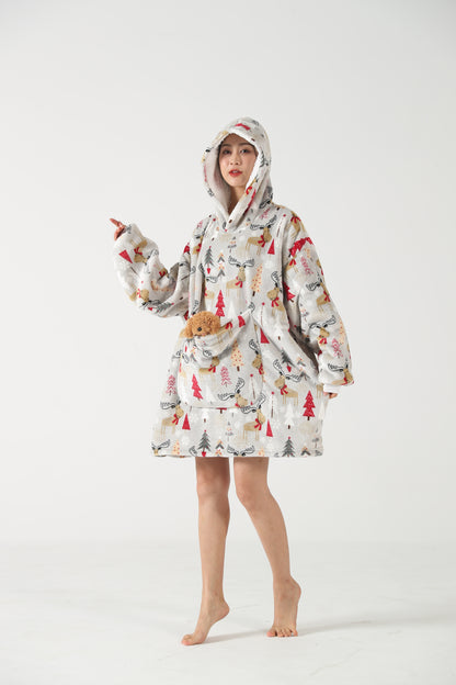 RONGTAI Oversized Wearable Pajamas With Big Pockets,Soft Plush Sweatshirt Hooded Popular Tops One Size Fits Deer