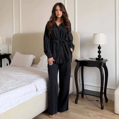 Fashionable Shirt-buttoned Tie-waisted Loose Jacket Denim Suit For Women