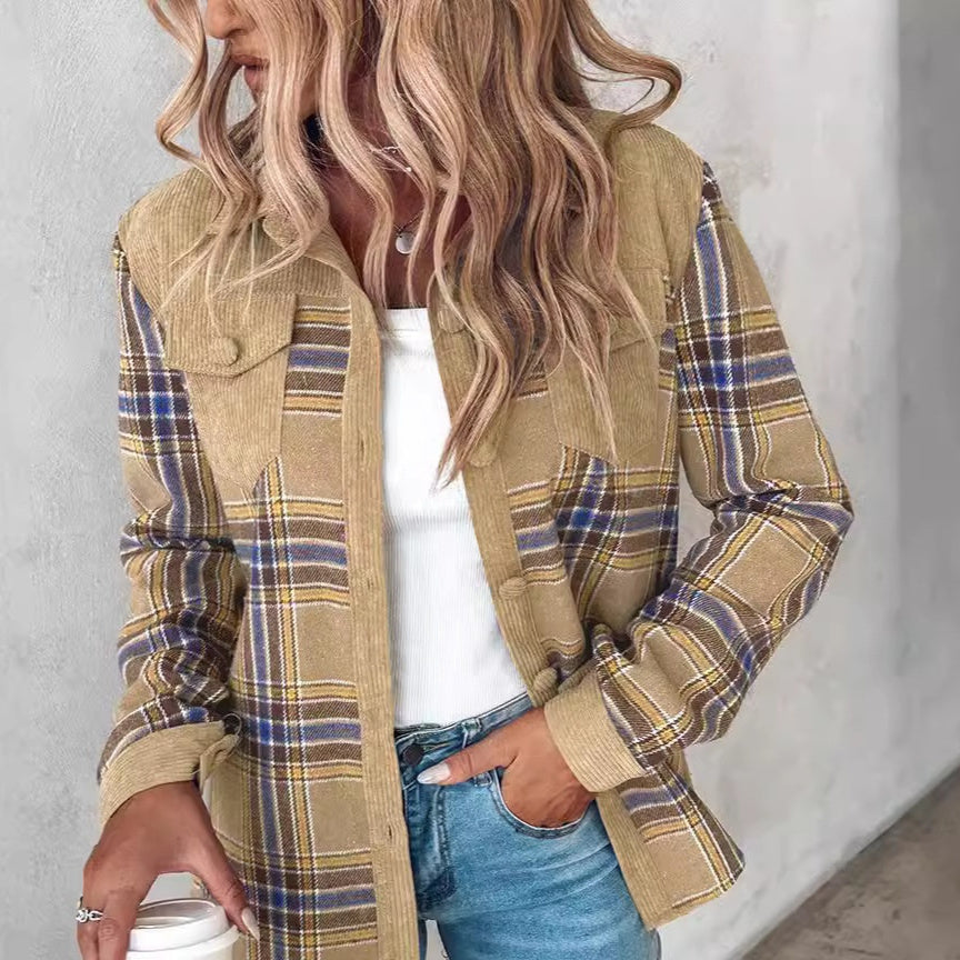 Women's Long-sleeved Plaid Contrast Color Coat