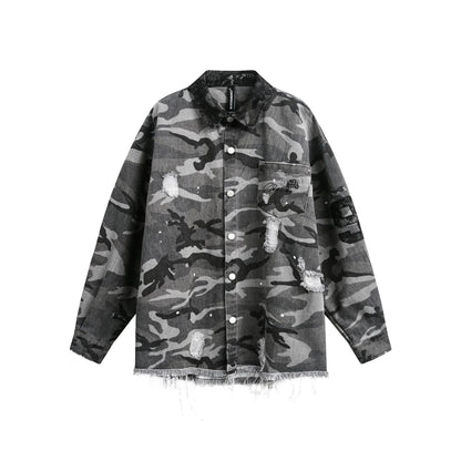 American Retro Loose Heavy Industry Distressed Camouflage Long Sleeve Shirt