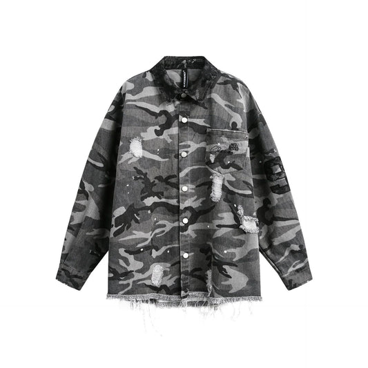 American Retro Loose Heavy Industry Distressed Camouflage Long Sleeve Shirt
