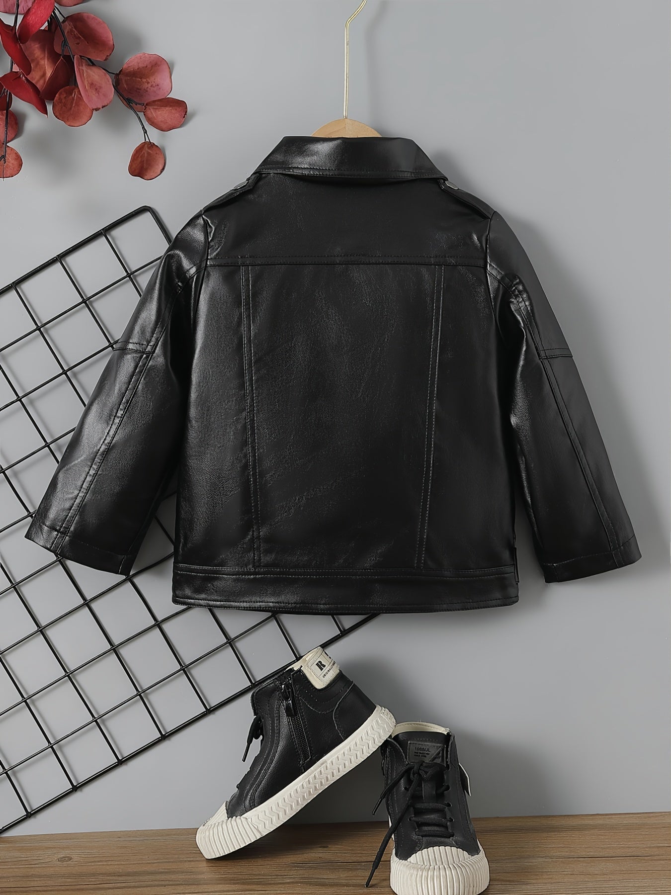 Children's Lapel PU Leather Jacket Zipper Coat Top For Girls And Boys Kids Clothes