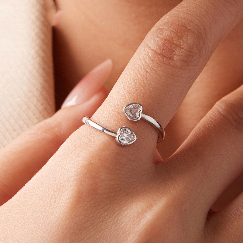 S925 Sterling Silver Double Heart-shaped Open Ring Valentine's Day Gift Heart-shaped Ring