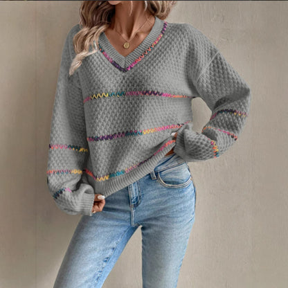 V-collar Contrast Color Women's Long Sleeve Pullover Loose Sweater