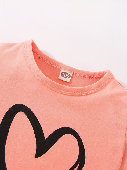 Girls' Fashion Set: Heart Print Round Neck Short Sleeve T-Shirt & Sweatpants 2pcs Casual Cotton Outfit, Perfect for Outdoor