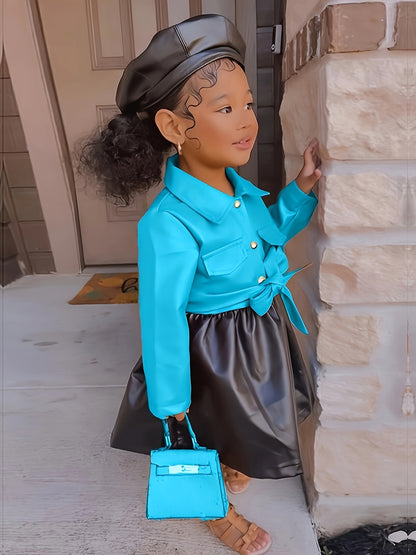 Vibrant Color Block PU Leather Dress for Girls - Stylish Button Lapel Design, Adjustable Belt, and Comfortable Fit for Kids' Everyday Wear