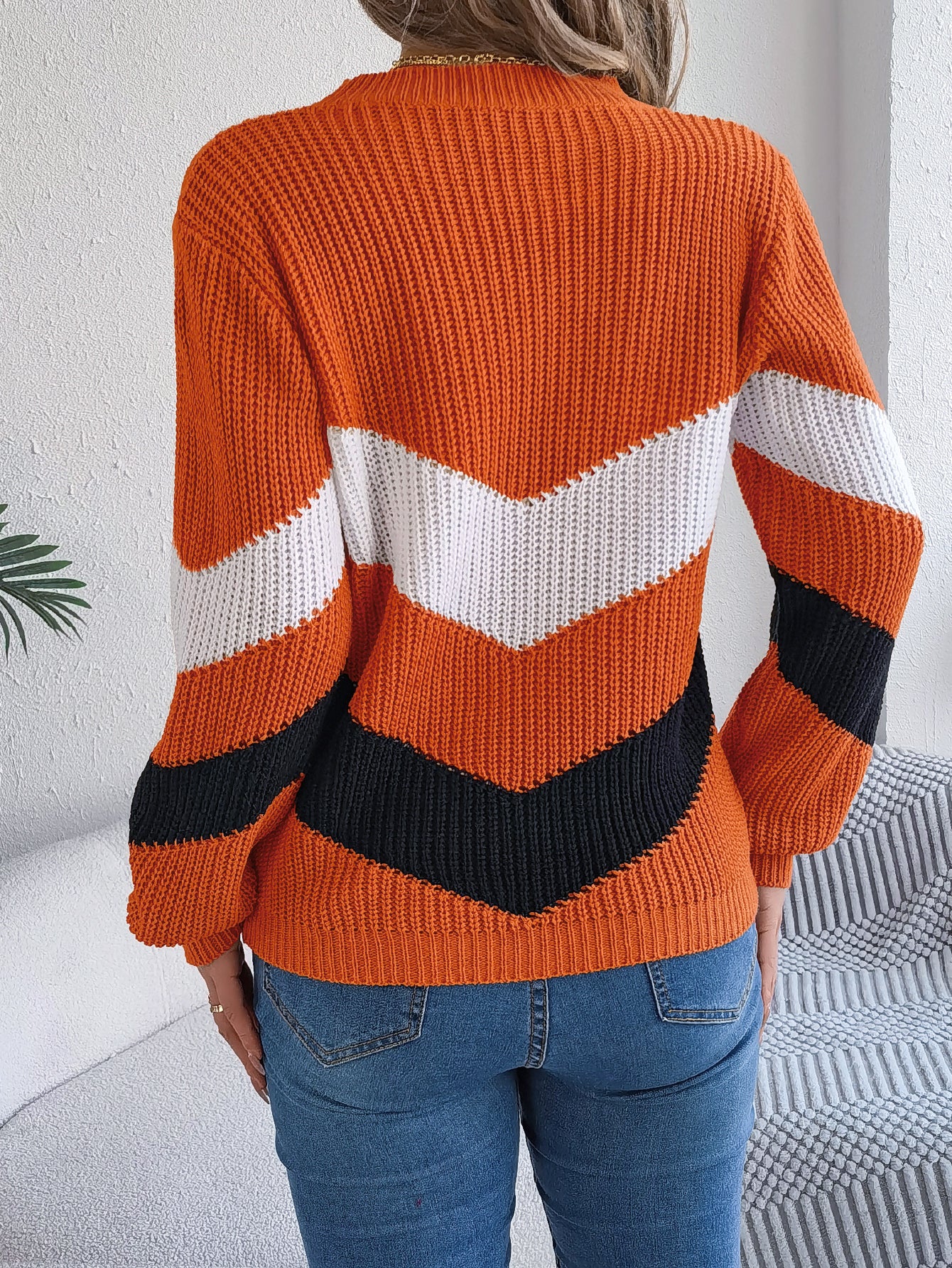 Women Casual Color Block Lantern Sleeve Pullover Sweater