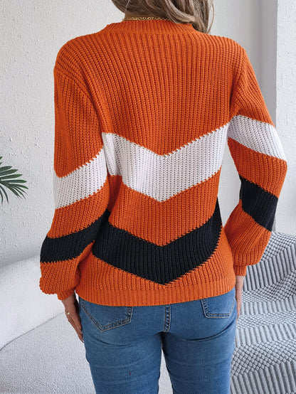Women Casual Color Block Lantern Sleeve Pullover Sweater
